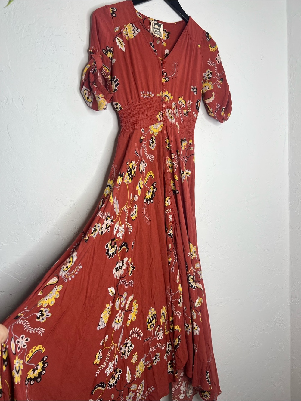 JAASE Boho Floral Maxi Dress XS Smocked Waist Button Front 100% Rayon Hi-Low